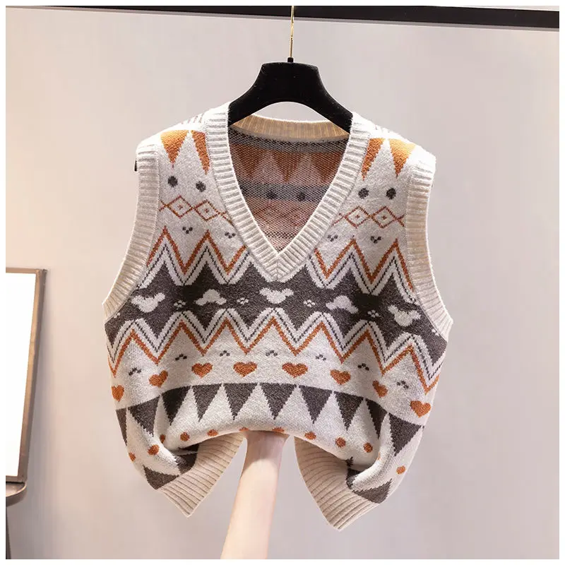 

Sweet Kawaii Sweater Vest Printed Sleeveless Casual Outerwear Knitted Waistcoat 2022 Vintage Spring Girl Pullovers Waistcoat T67