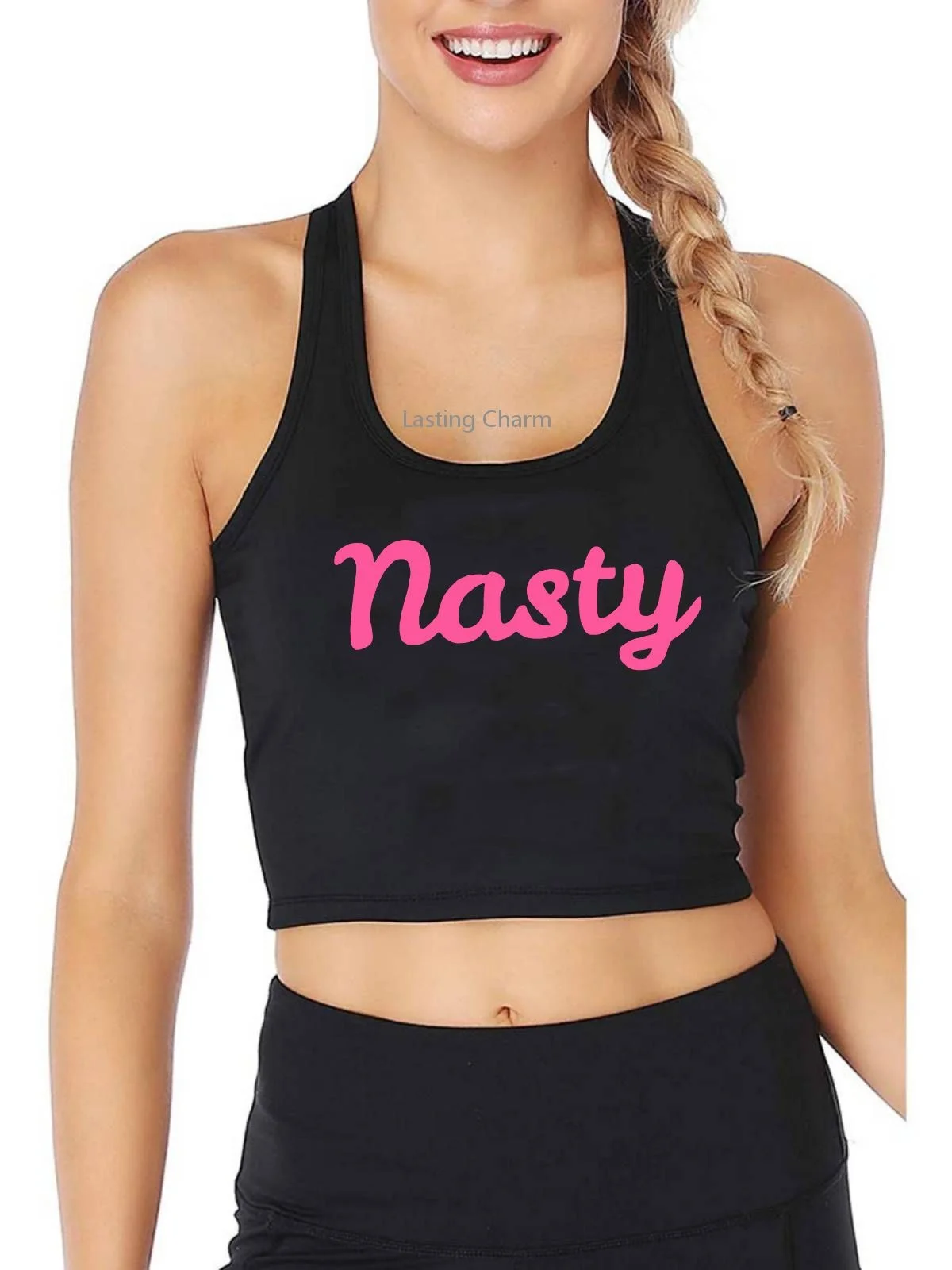 

Nasty Print Crop Tank Adult Humor Fun Flirty Print Yoga Sports Workout Crop Top Gym Tops