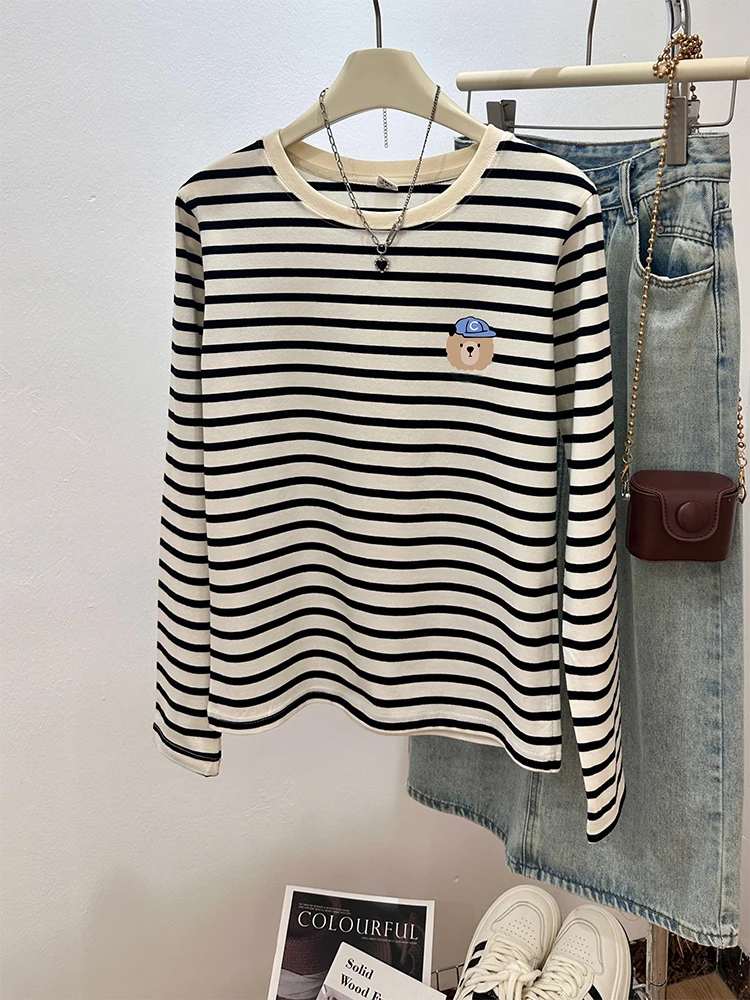 2024 Новая рубашка из чистого хлопка с круглым вырезом в полоску и длинными