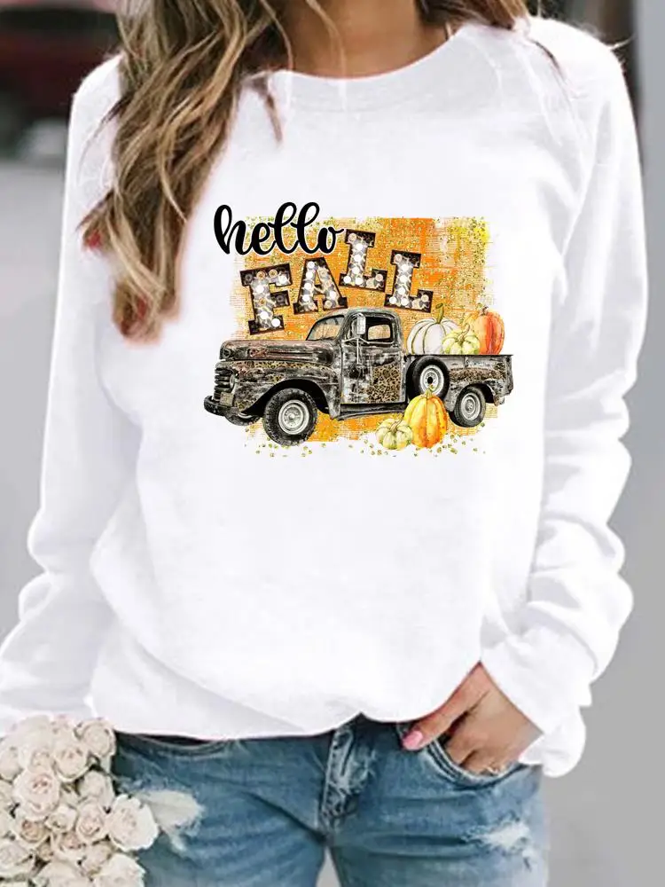 

Watercolor Truck Pumpkin Halloween Fall Autumn Women Casual Pullovers Female Spring Hoodies Print Woman Graphic Sweatshirts