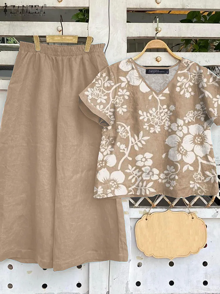 Костюм спортивный ZANZEA женский летний из блузки с коротким рукавом и широких брюк