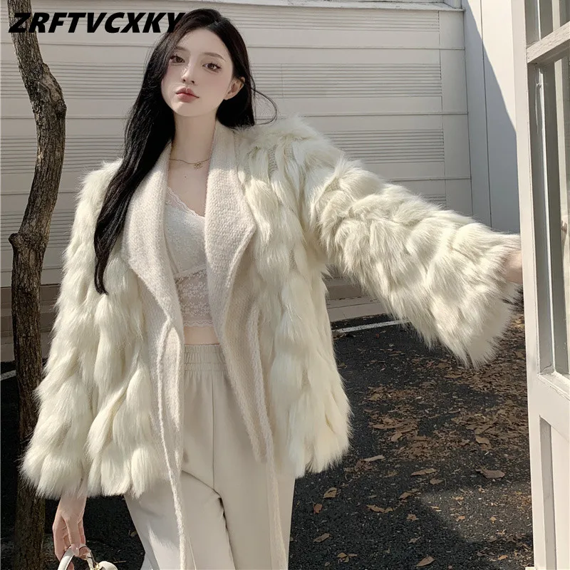 

Runway Fashion Knitting Patchwork Mink Hair Jacket Women Winter Long Sleeve Fluffy Overcoat Woman High Quality Coat Femme