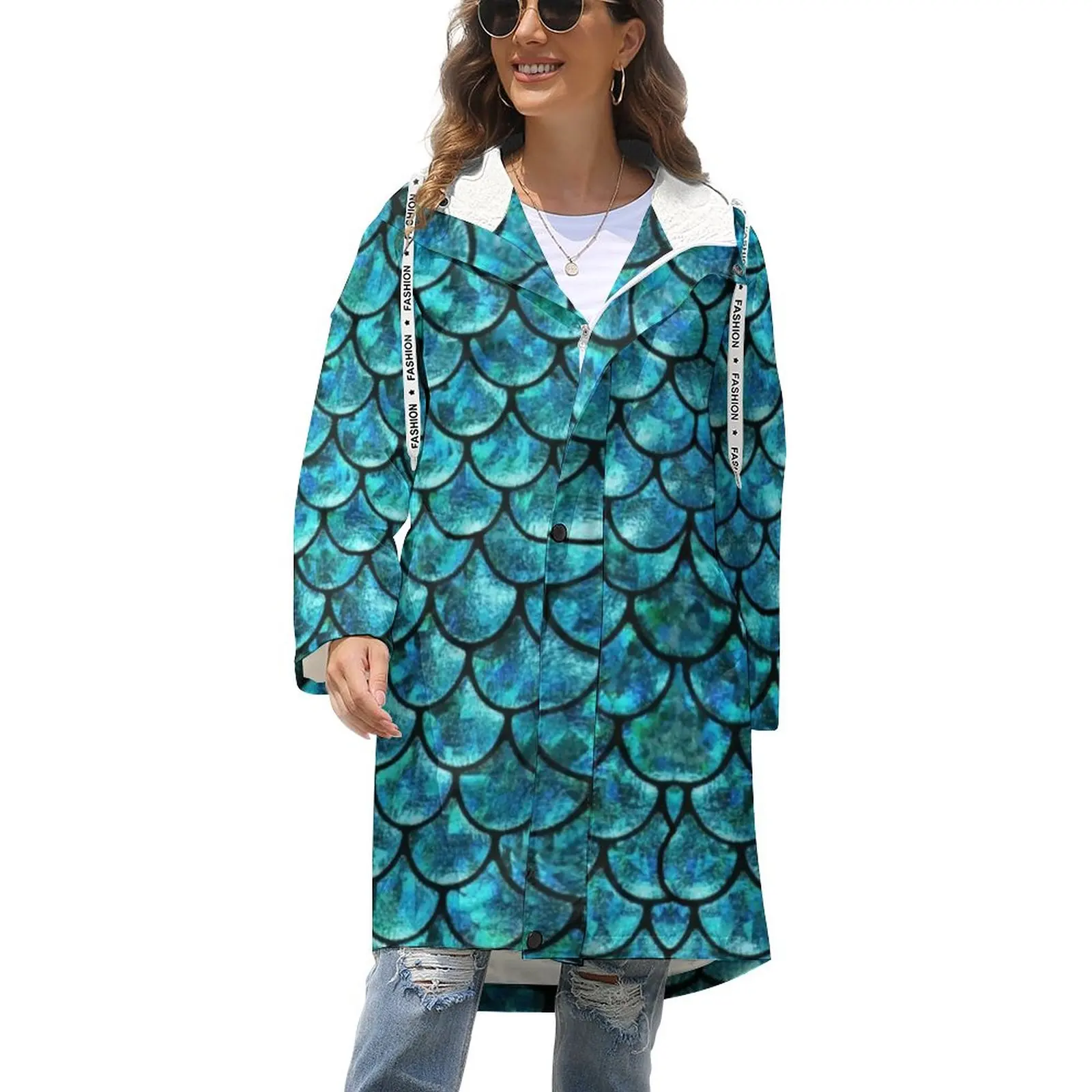 

Женское зимнее пальто-ветровка с принтом в виде русалки