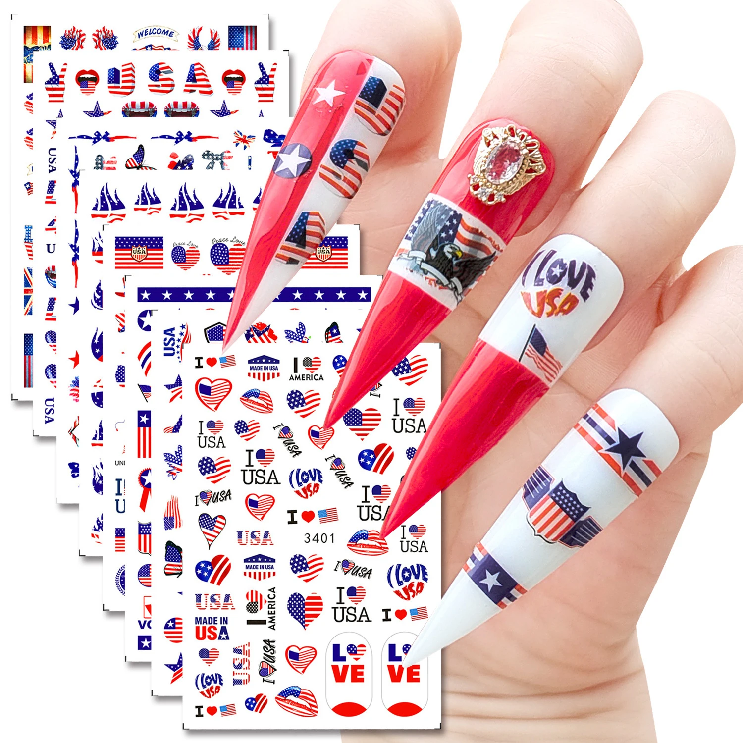 

1PC Nail Art Stickers Decal 8 Styles America Flag USA Independence Day Design Self-Adhesive Slider Nail Art Decorations Manicure