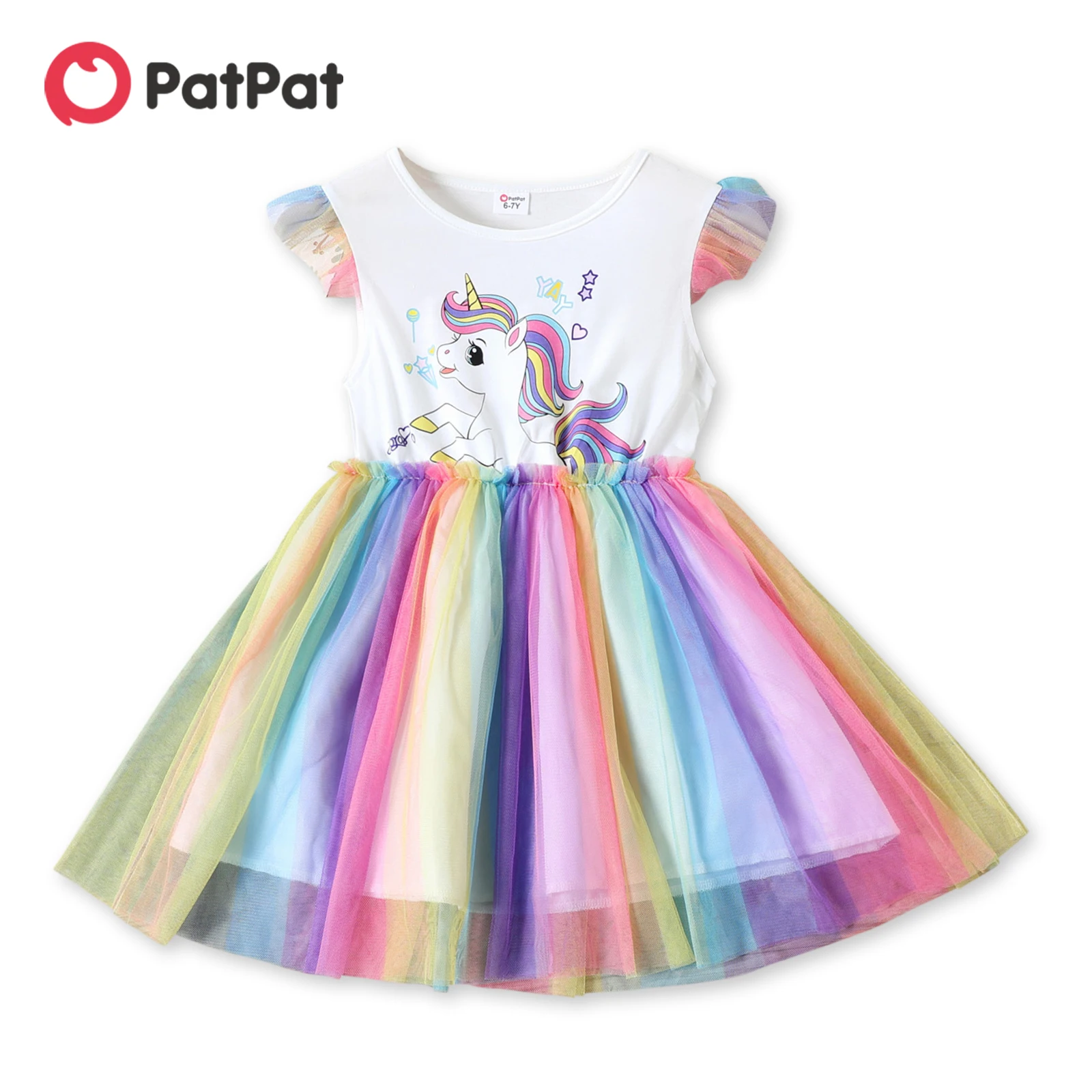 

Разноцветное Сетчатое платье без рукавов с принтом единорога для девочек PatPat