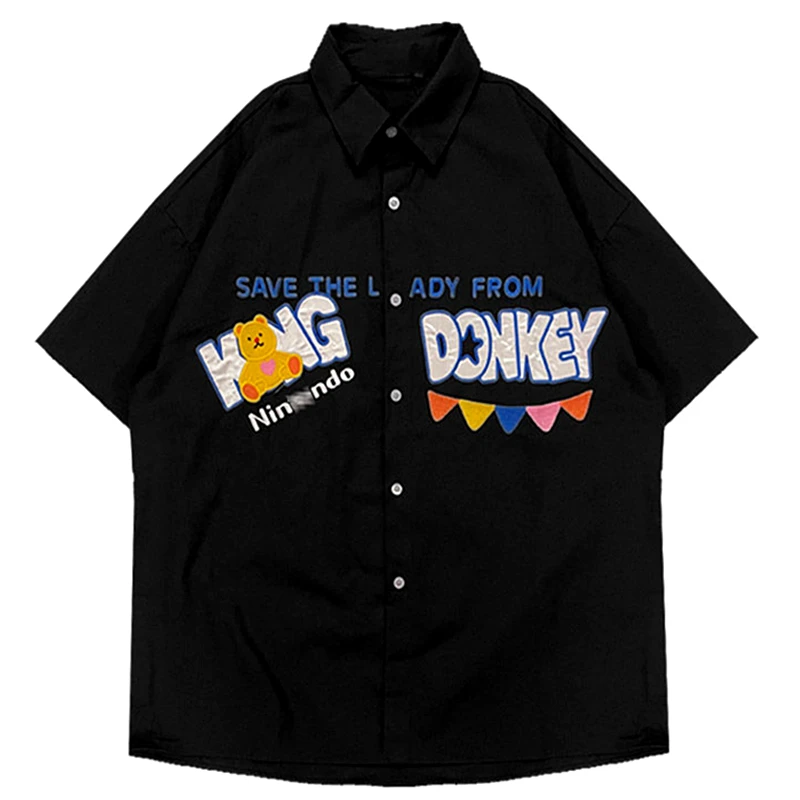 

Japan Kawaii Cartoon Bear Print Button Up Shirt Cute Teenage Loose Large 2XL Summer Short Sleeve Blouses Men Women Casual Tops