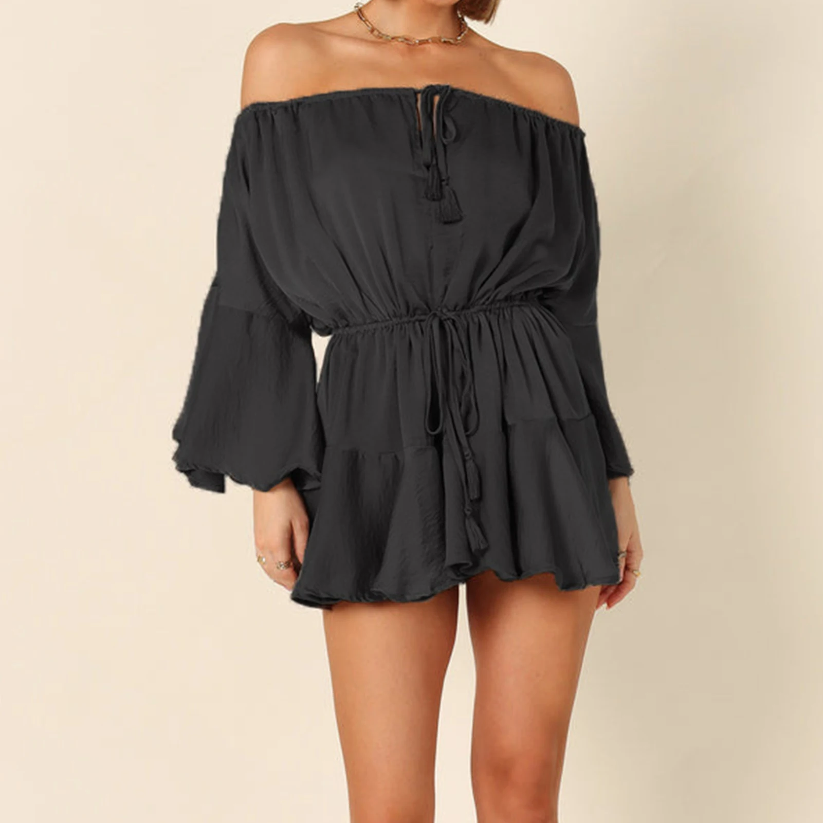 

Women Casual Jumpsuit Off Shoulder Loose Jumpsuits Lace Up Flare Sleeve Backless Fashion Elastic Waist Beach Playsuits Rompers