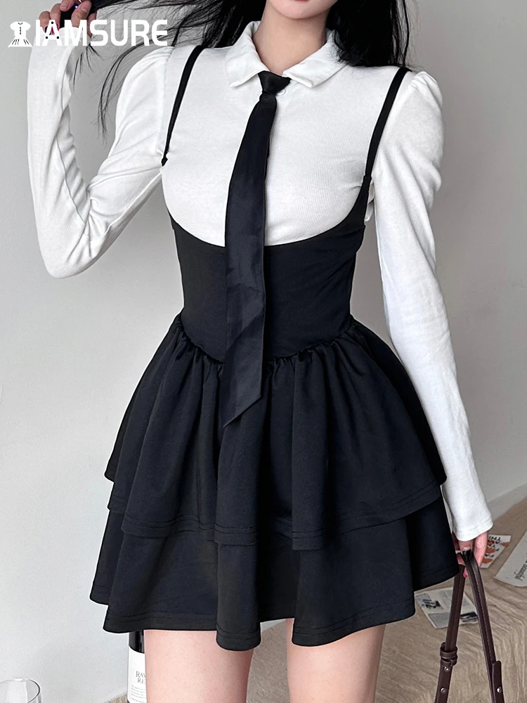 

IAMSURE Preppy Style Dress Set Women 2022 Spring Casual Slim 2 Piece Set Turn-Down Collar Long Sleeve T Shirt Pleated Mini Dress