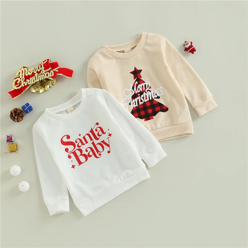 

Зимняя весенняя одежда для маленьких девочек и мальчиков, свитшоты с буквенным принтом рождественской елки, пуловеры с длинным рукавом, топ...