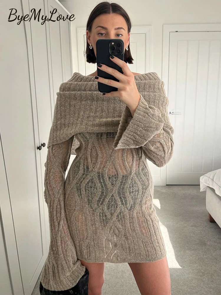 Женское трикотажное платье с открытыми плечами ByeMyLove прозрачное облегающее