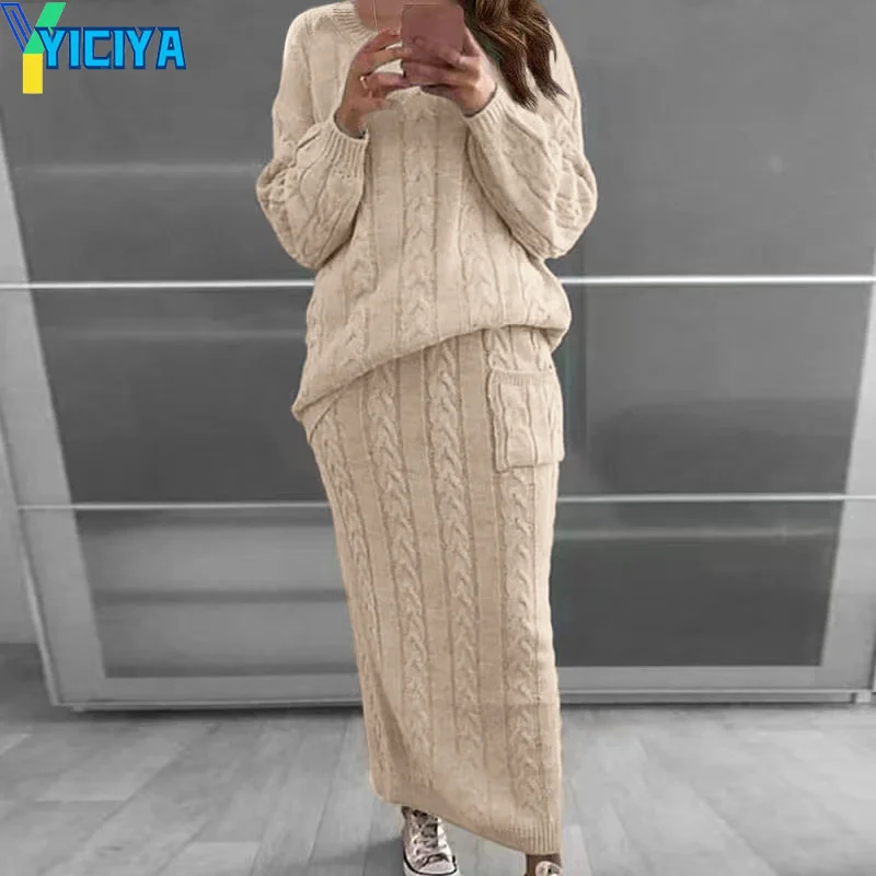

YICIYA Autumn And Winter Skirts Sets New Korean Fashion Vintage Knitwears Female Sweater Pullover Long Skirt Suit Two-piece Sets