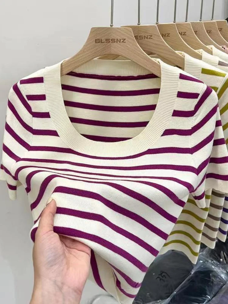 AOSSVIAO Женская полосатая футболка из хлопка Slim Fit