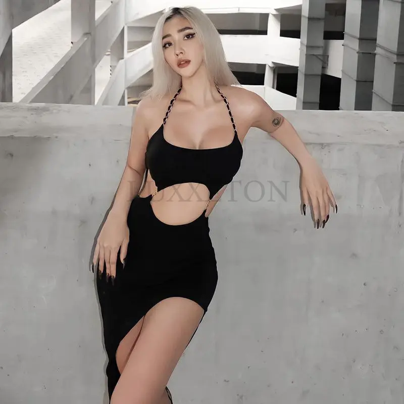 

Chain Halter Dress Hollow Irregular Women Waistless Sleeveless Split Bodycon Skinny Vacation Stylish Clubwear
