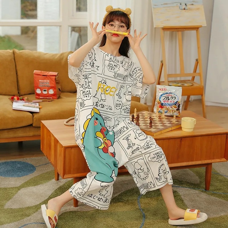 Onesie Pajamas Women's Summer Cotton Short-Sleeved Thin Student Cute Nightdress Short Sleeve