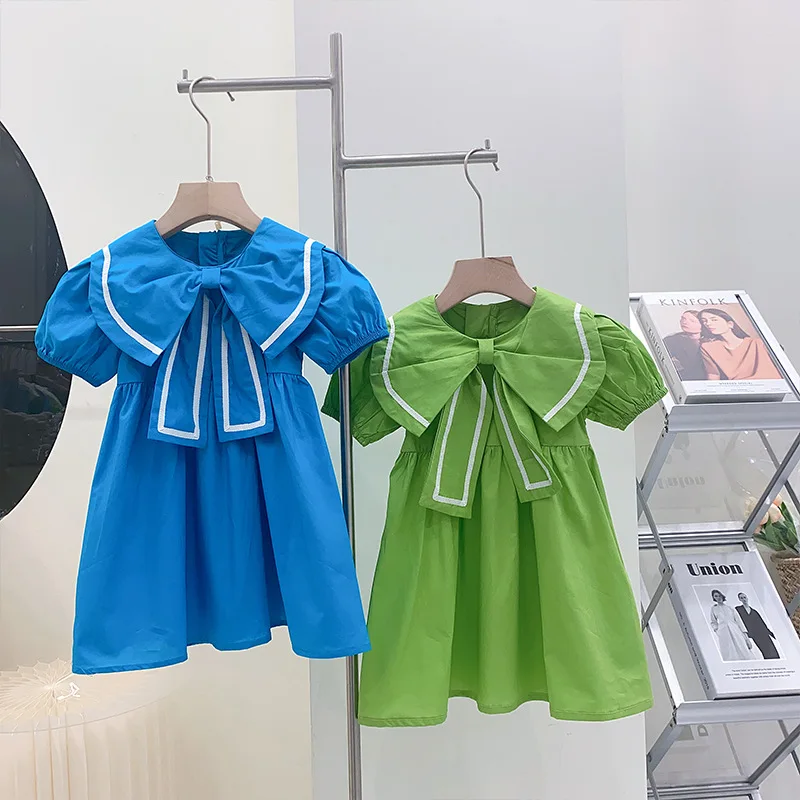 

MIDODO 2022 Summer Girls Cotton Preppy Style Short-sleeve Dress Children Casual Bow Lapel Solid Dress Kids Clothes