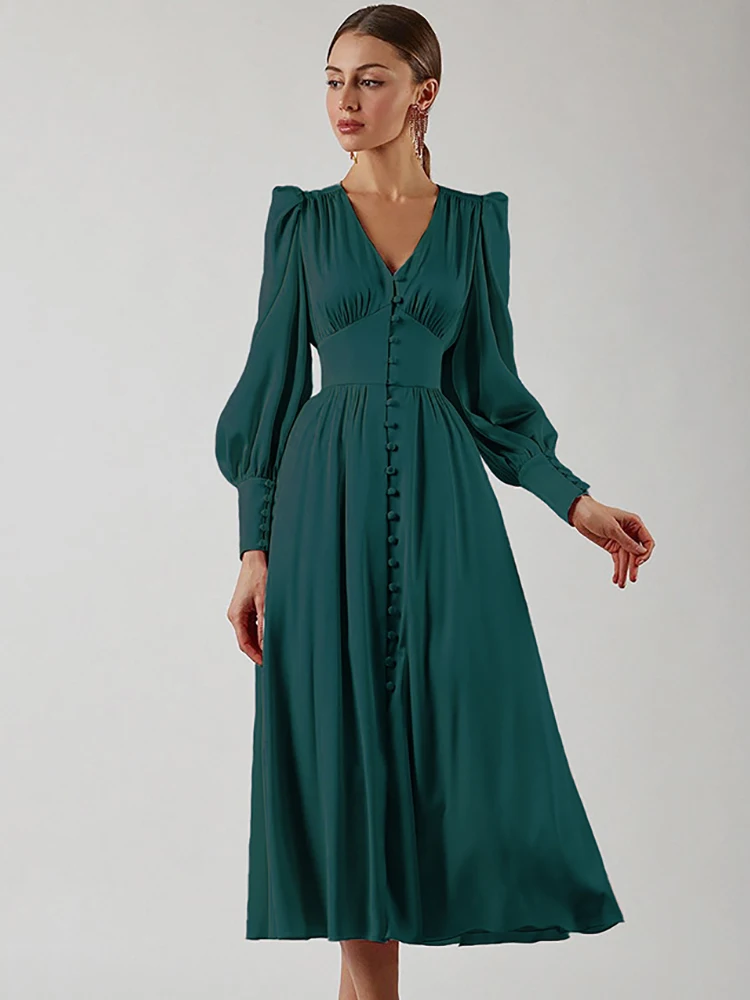 

Autumn Women Dress Elegant Lantern Sleeves Solid Satin Casual V-Neck Slim Waist Button Design New Party Clud Long Dress Vestido