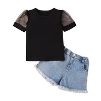 sweet baby girls summer clothes solid color mesh short sleeve t shirt tops and denim shorts set