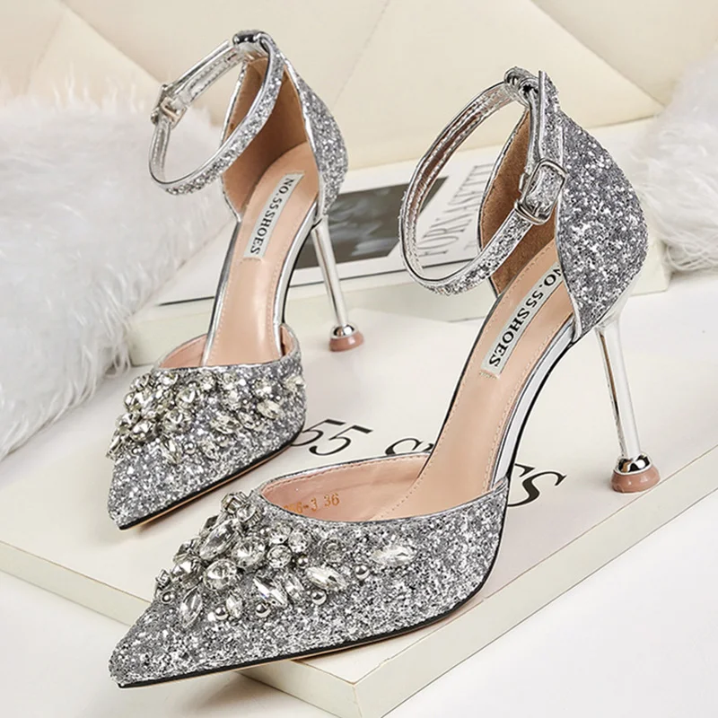 

Women Summer 9.5cm High Heels Crystal Strap Sandals Lady Glitter Bling Sequins Pumps Wedding Sandles Sparkly Gold Silver Shoes