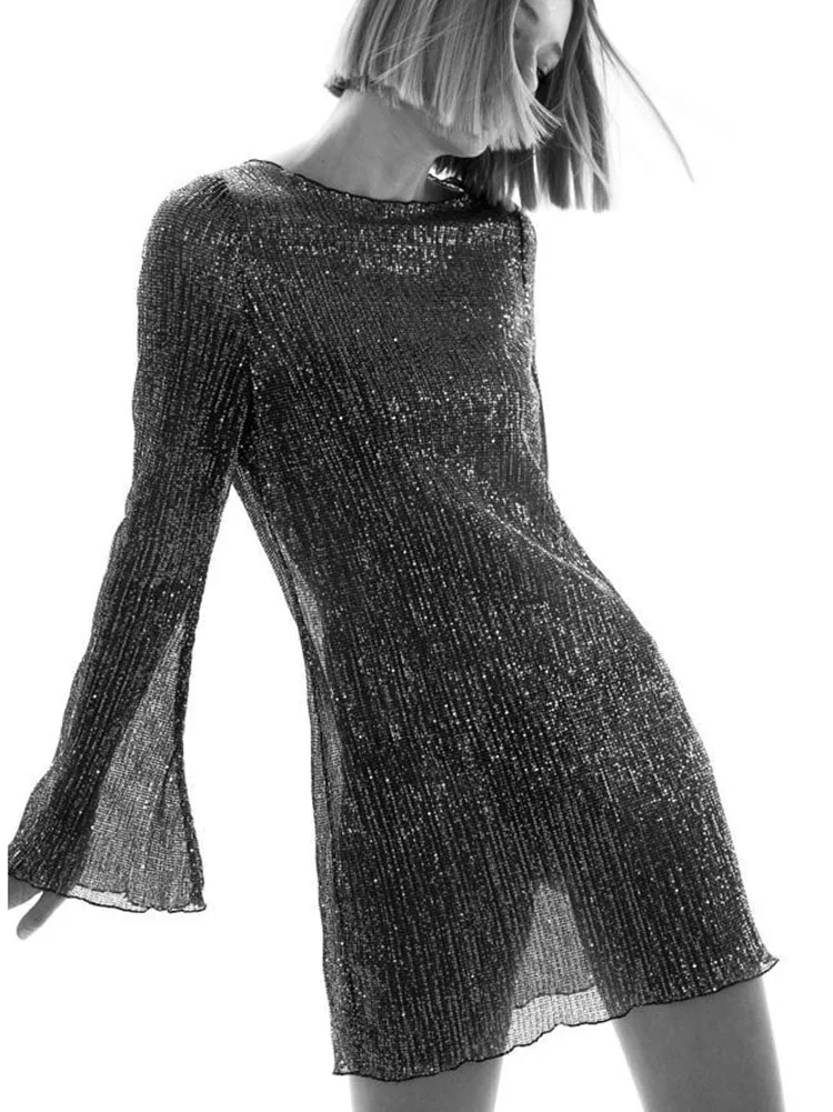 

Apprabant Fasion Sequins Mini Dress Flare Sleeve O Neck Edible Tree Fungus Side Folds Full Sleeve Fresh And Sweet Streetwear