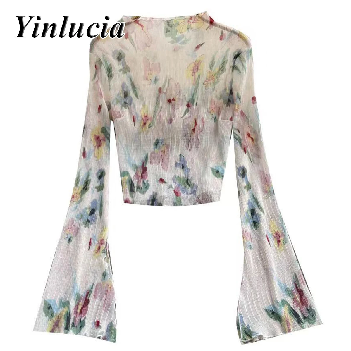 

Tops Women Blouses Sexy Mesh Sunscreen Shirt Floral Printed Pleats Slim Tee Blouse Hot Babes Pullover Y2K Street Wear Gentle