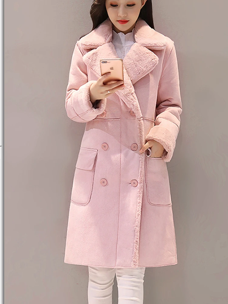 Velvet Thicken Woman Long Coat Jacket Warm Faux Suede Parka Female Double Breasted Gray Jacket 2022 Winter  Women'S Clothing