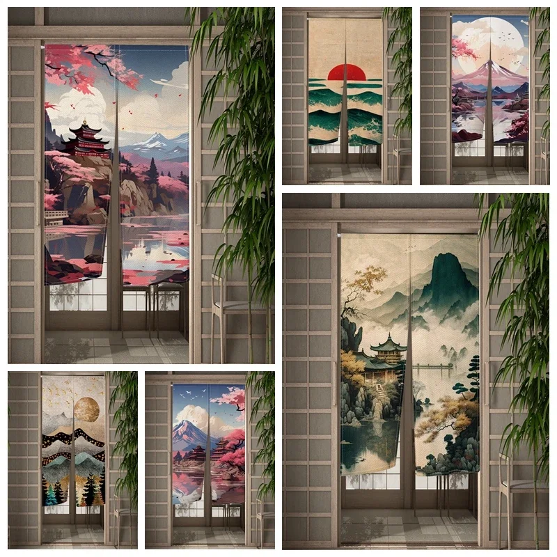 Занавеска на дверь с изображением пейзажа и горного журавля