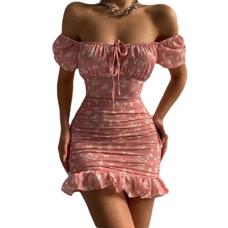 

2022 Summer Sexy Package Hip Ladies Dress One-Shoulder Slim Waist Open Back New Women's Skirt Sexy Floral Dress With Fungus