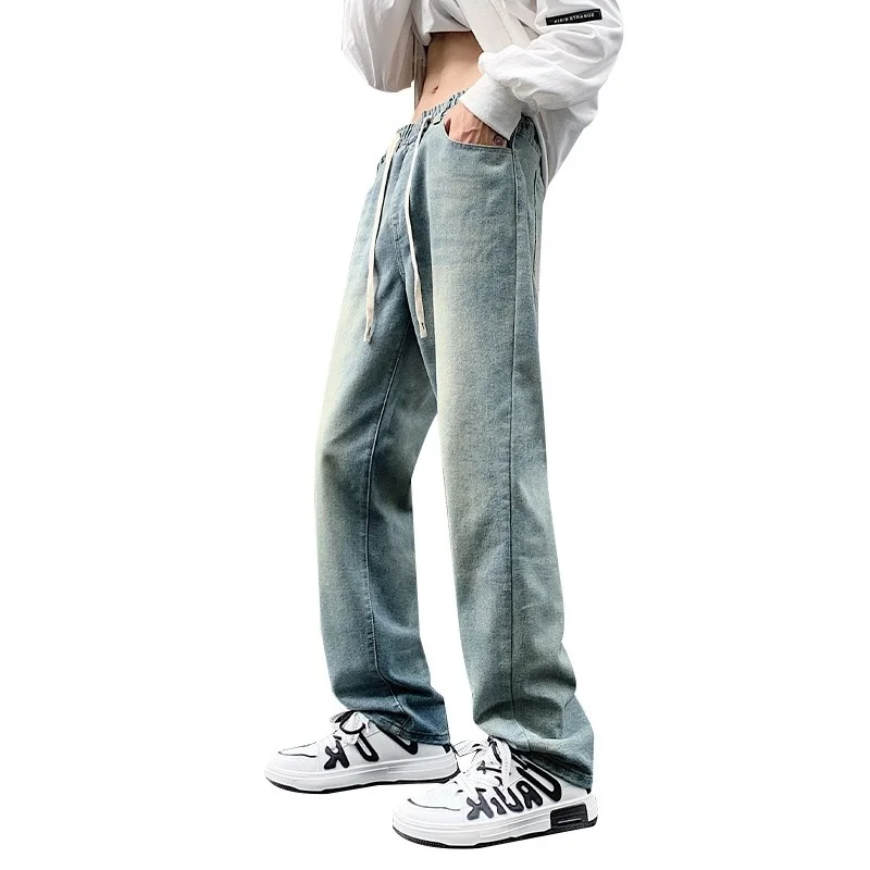 Blue Baggy Jeans Men Fashion Retro Drawstring Straight Jeans Men Japanese Streetwear Hip Hop Loose Denim Pants Mens Trousers
