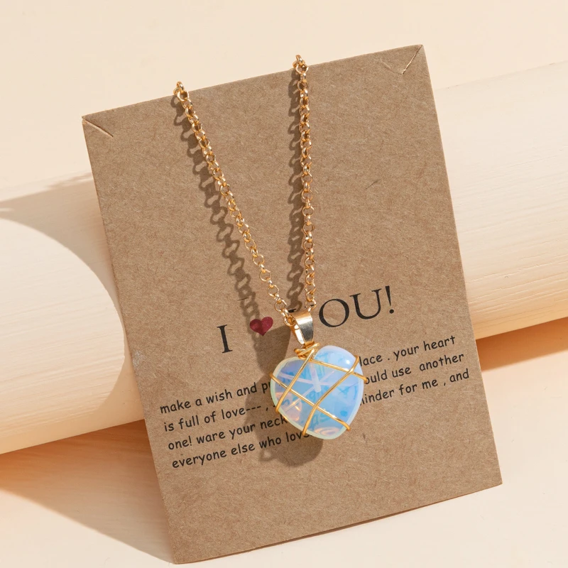 

Natural Stone Love Pendant Necklace Around Copper Wire Choker Necklace Water Drop Shape Crystal Pendant Jewelry For Ladies Gift