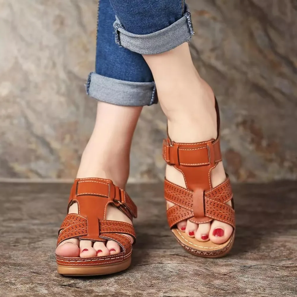 Summer Women Wedge Sandals Premium Orthopedic Open Toe Sandals Vintage Anti-Slip Leather Casual Female Platform Retro Shoes