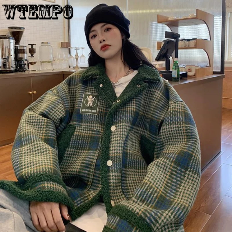 

Винтажное пальто из овечьей шерсти, толстые теплые клетчатые хлопковые пальто, женская модная Корейская куртка в стиле Харадзюку с длинным ...