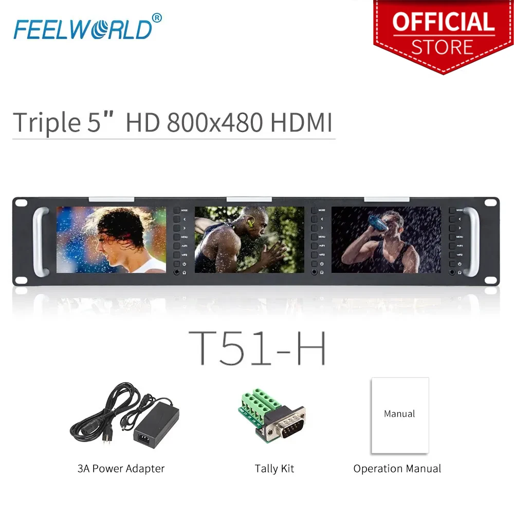 Feelworld T51-H тройной 5-дюймовый 2RU Leightweight HDMI вещательный монитор LCD TFT 800x400 HDMI AV стойка монитор для вещания