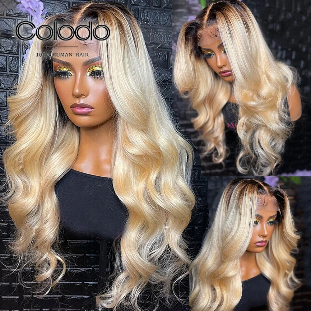 

COLODO Ombre Blonde Pre Plucked 13x4 Lace Front Wig 1b613 Brazilian Remy Human Hair Glueless Wigs Transparent Lace for Women