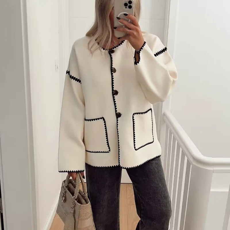 

Autumn Loose Jacket Women Single Breasted Patchwork Pocket Long Sleeve Knit Coat Casual Chic Streetwear Winter Woolen Outwears