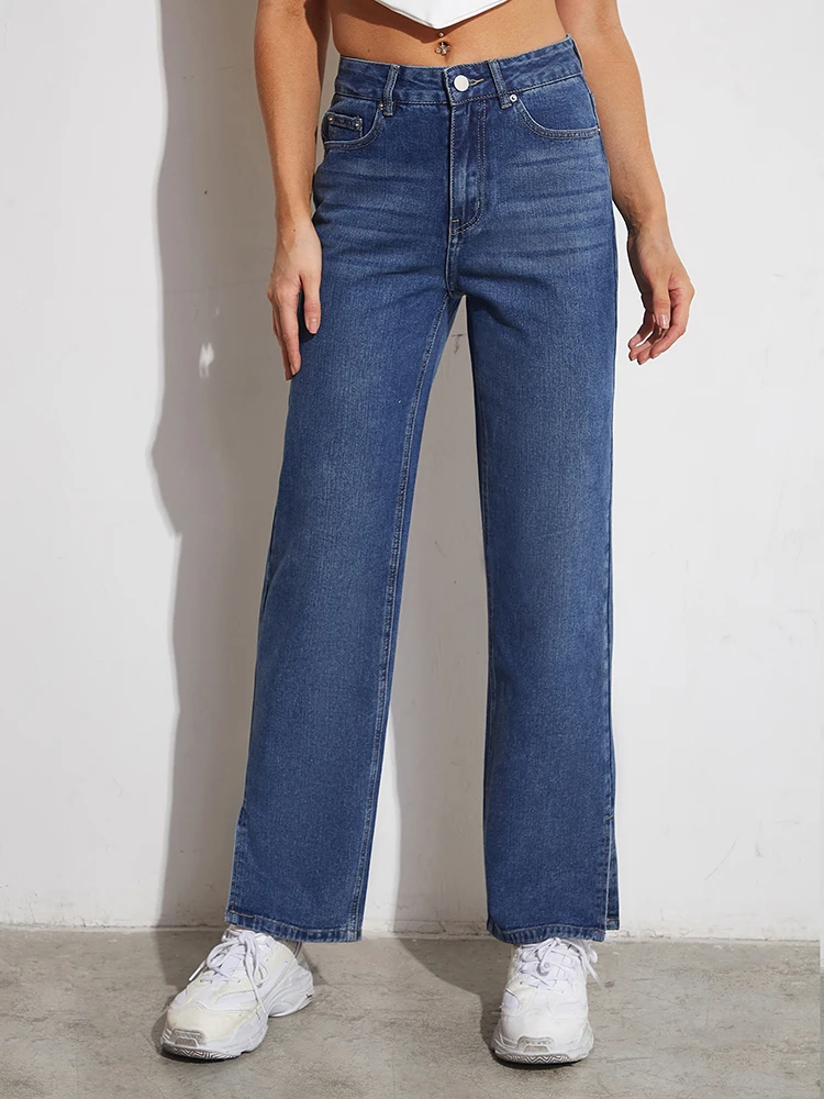 

Women Baggy Jeans Casual Straight Denim Pants Split Fork Fashion Y2k Wide Leg Trousers Comfy Loose Washed Blue Jeans Female Pant