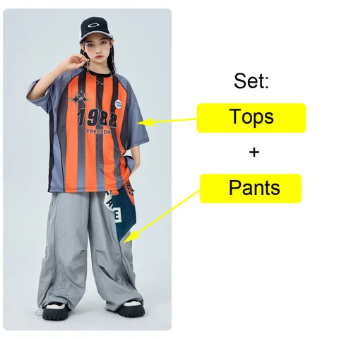 Одежда для девочек в стиле хип-хоп, детский костюм для джазовых уличных танцев, футболка с обеих сторон, серые свободные брюки для мальчиков, наряд для выступлений