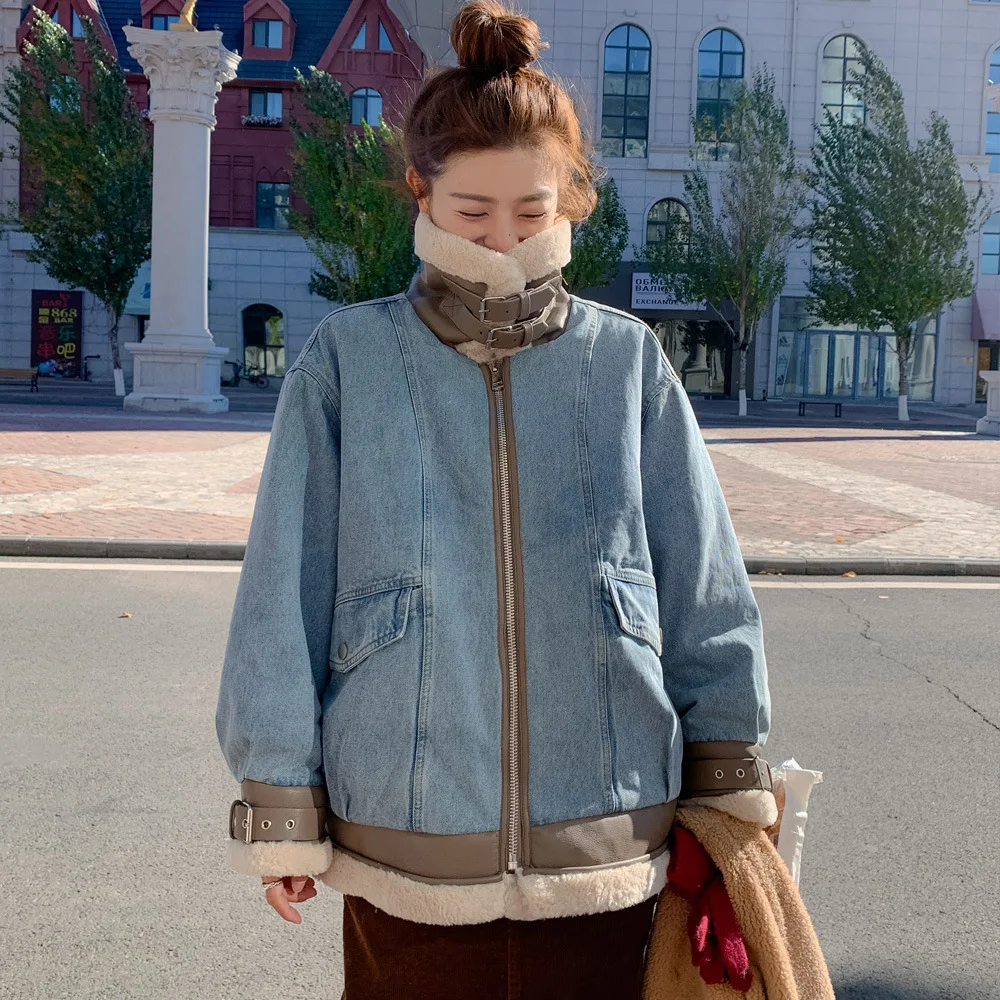 Lamb wool pie overcame cashmere denim coat women's winter loose thickened casual cotton coat