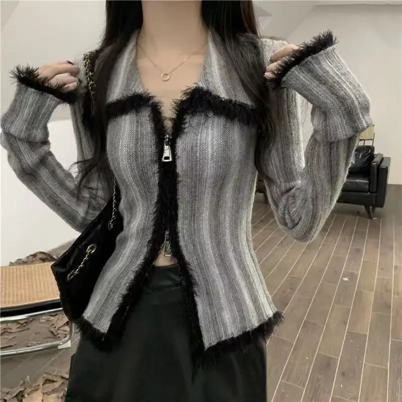 

American Vintage Knitwear Women Cardigan Temperament Vintage Turn-down Collar Zippers Femme Autumn Casual Knitted Sweater Tops