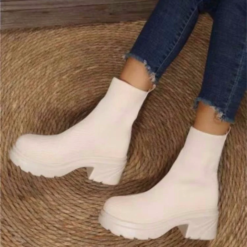 White Women Boots Knitted Stretch Platform Boots Ladies Shoes Sock Ankle Boots Female Slip-on Autumn Shoes Black Plus Size