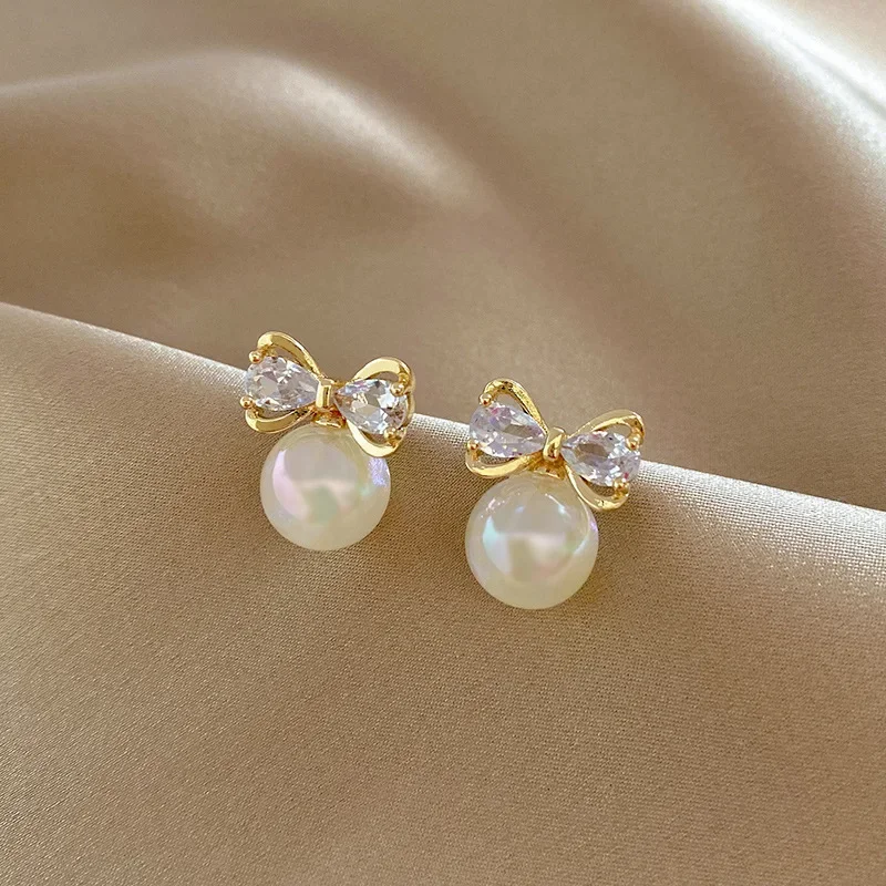 S925 Silver Needle Elegant Design Colorful Korean Pearls Bow Zirconia Stud High-End Sensibility Niche Earrings