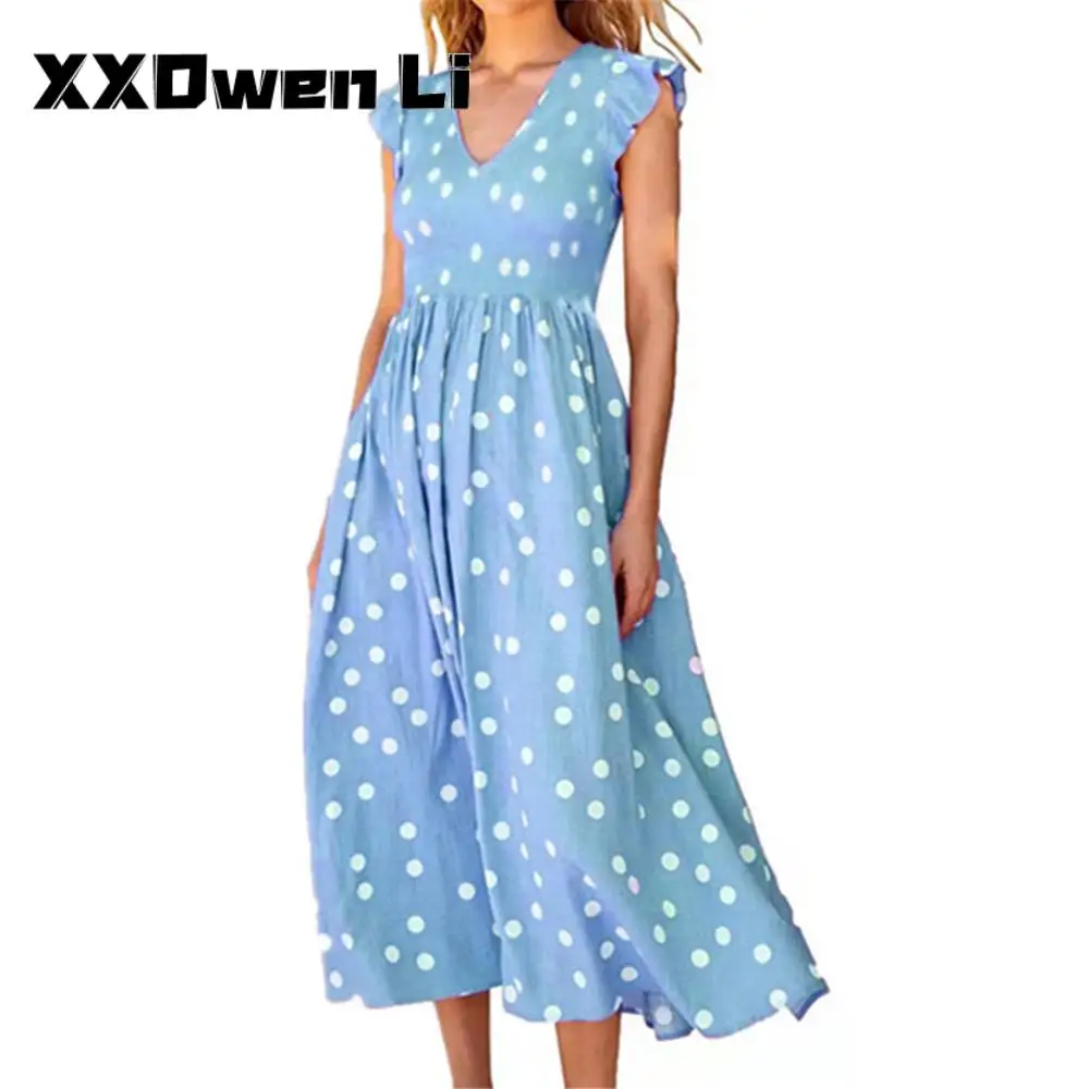 

Summer Casual Polka Dot Print Maxi Dresses For Women 2022 Ruffles Sleeveless Long Ladies Office Boho Beach Dress Robe Femme