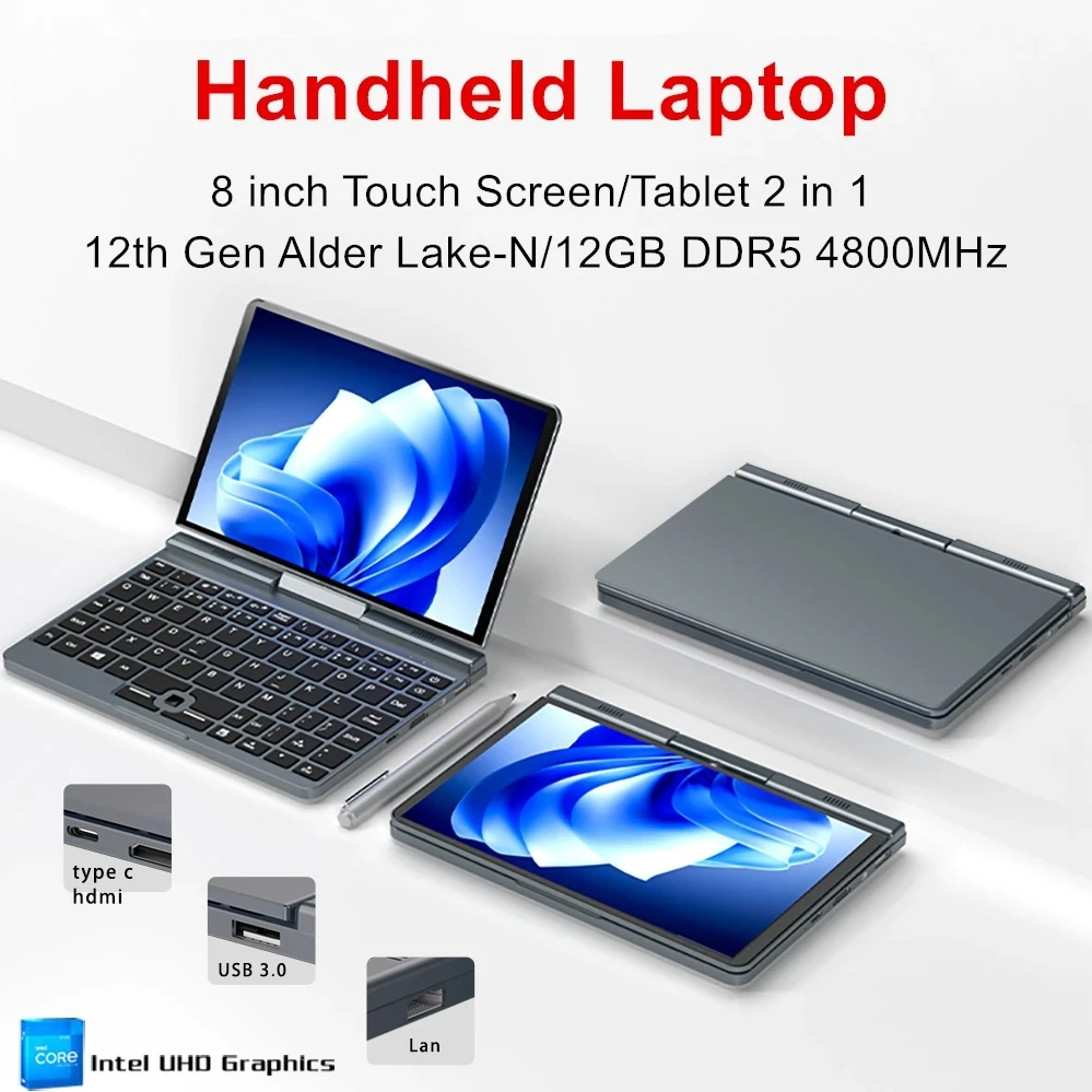 

12th Gen Gaming Mini Laptop Intel Alder Lake N100 4 Core 8 Inch Touch Screen 12G DDR5 Windows 11 Notebook Tablet PC 2 in 1 WiFi6