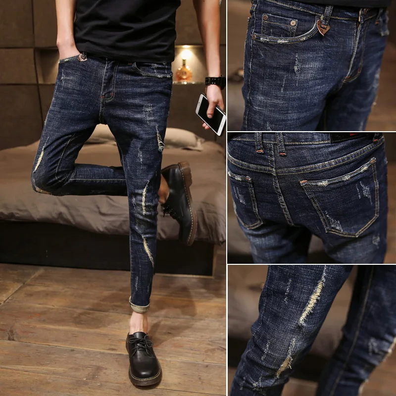 

Feet Men's Fashion Brand Ripped Trousers 2022 Pencil Korean Pants Ankle Jeans Denim Length Trend Wholesale Casual Skinny Slim