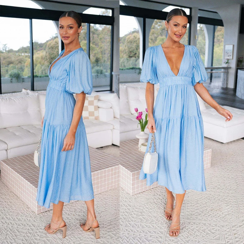 

Summer Women Fashion Short Sleeve Dress Solid Color Deep V-Neck Waist Mid Length Dress Ladies Holiday Beach Party Clothes