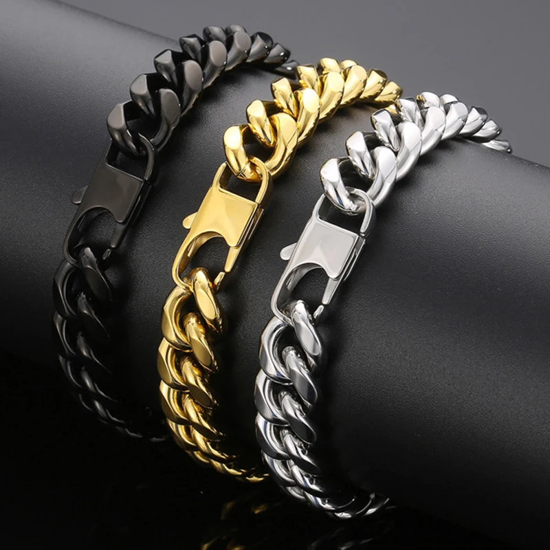 

12mm Miami Gold Polished Men Women Curb Cuban Link Chain Bracelet Punk Hiphop 316L Stainless Steel Bike Biker Bracelets Jewelry