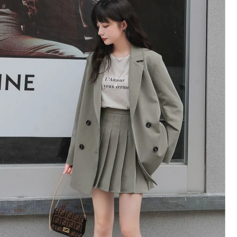

2022Korean version of the spring and autumn pleated skirt two-piece college style age-reducing small suit suit jackets forwomen