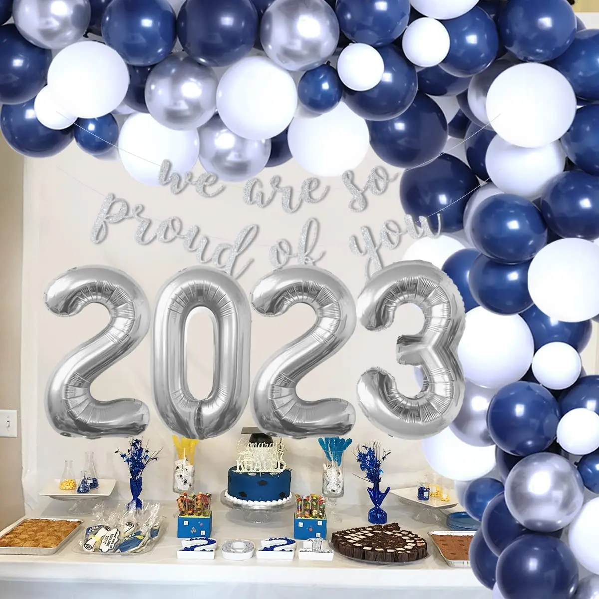 

Темно-синий цвет, украшение на выпускной, технические принадлежности 2023, мы очень гордимся вами, баннер с номером 2023, фольгированный шар для класса 2023