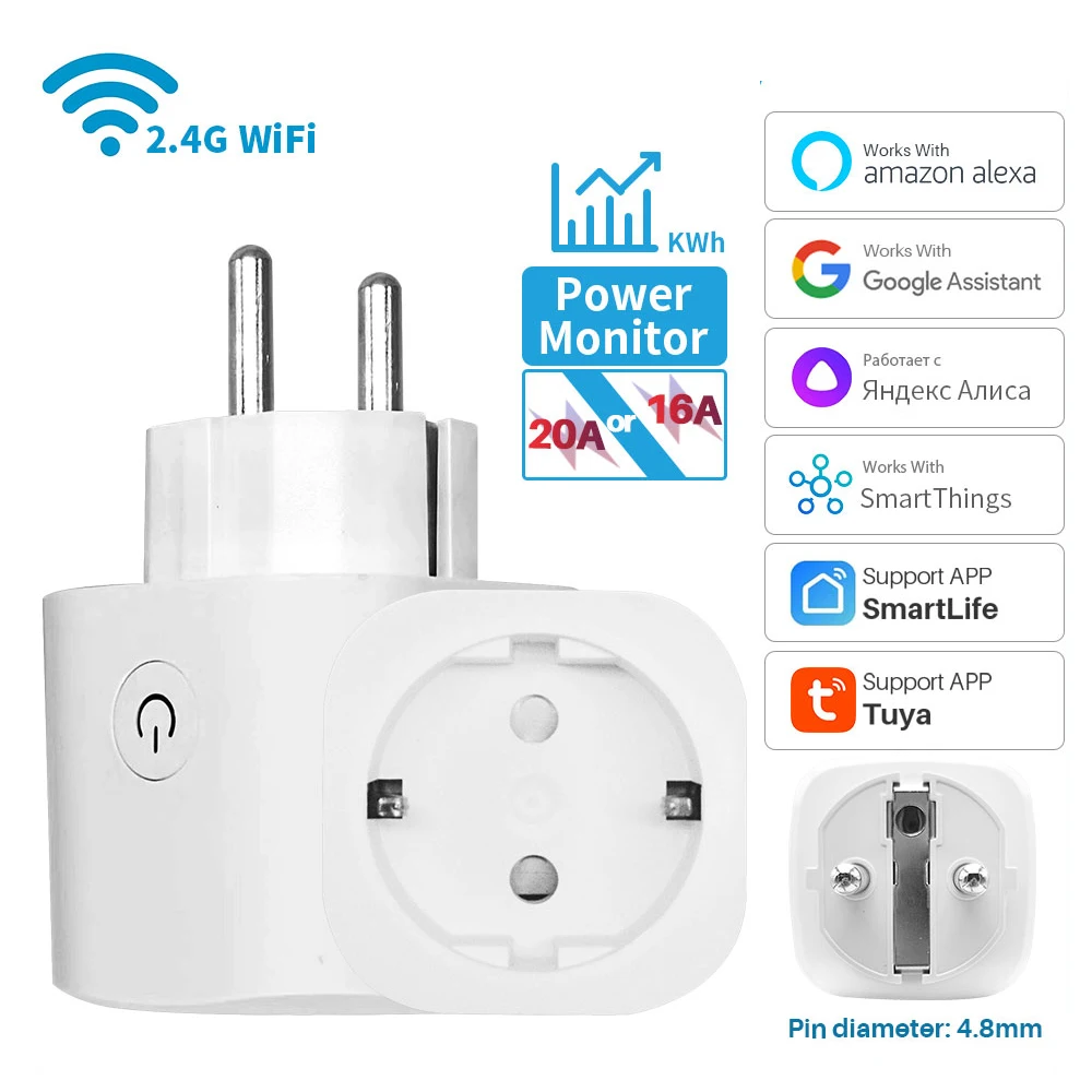 

Tuya EU Smart Plug,16A/20A WIFI Smart Socket,With Power Monitoring,Remote Control,Support Alexa Google Home Yandex Voice Control