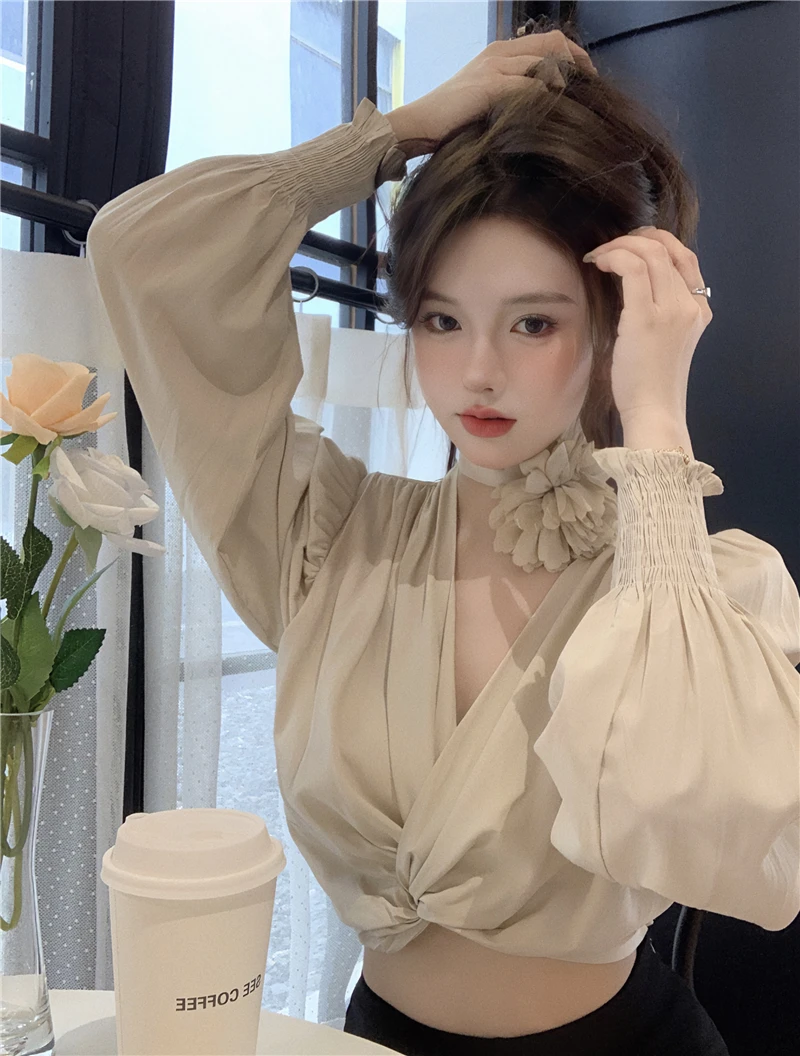 Французские рубашки Socialite Temperament со шнуровкой и v-образным вырезом женские