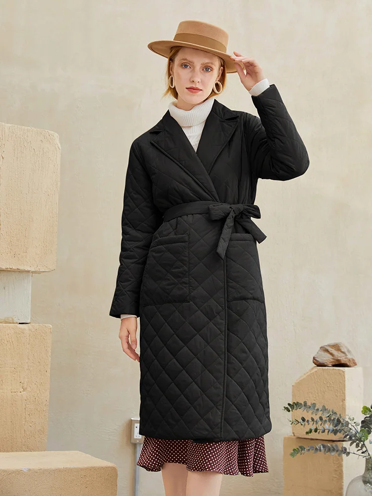 Autumn Winter Fashion Khaki Argyle Cotton Long Parkas with Belt 2022 Women's Casual Turn Collar Warm Thick Cotton Padded Jacket